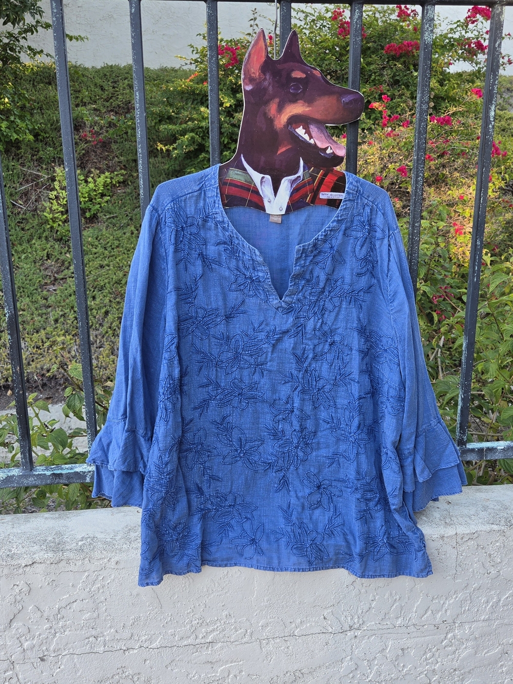 Chico's Blue Embroidered V-Neck Ruffle Sleeve Blouse
